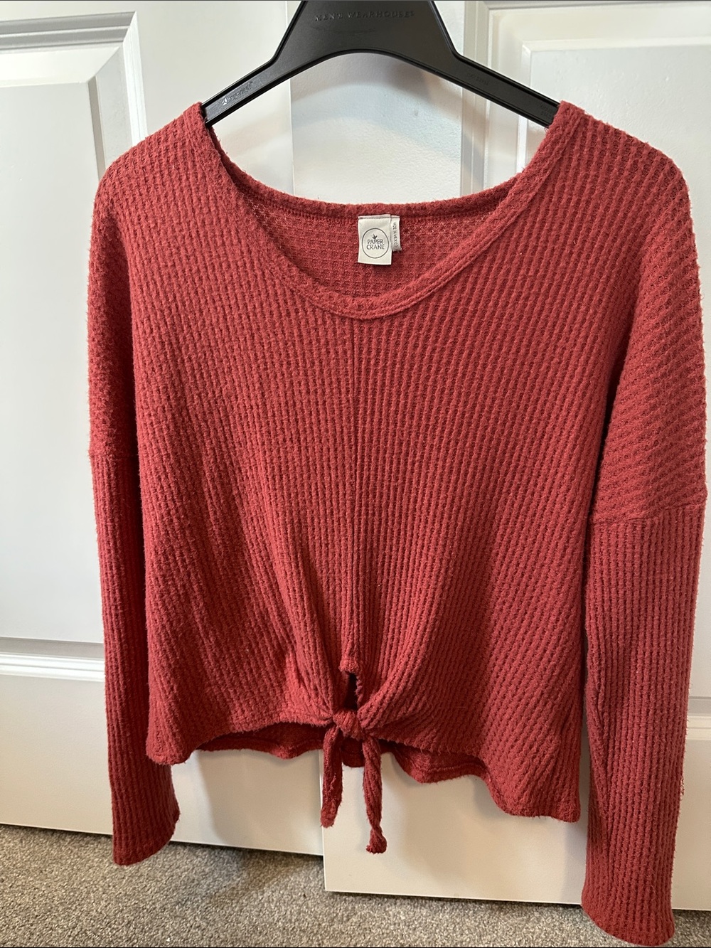 Paper Crane Rust Red Waffle Knit Tie-Front Long Sleeve Top